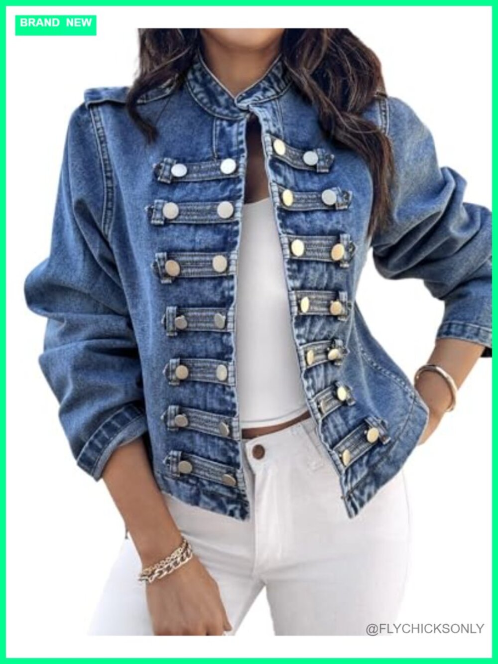 Military Denim Jacket Cotton Blend Stand Collar Long Sleeve Button Front